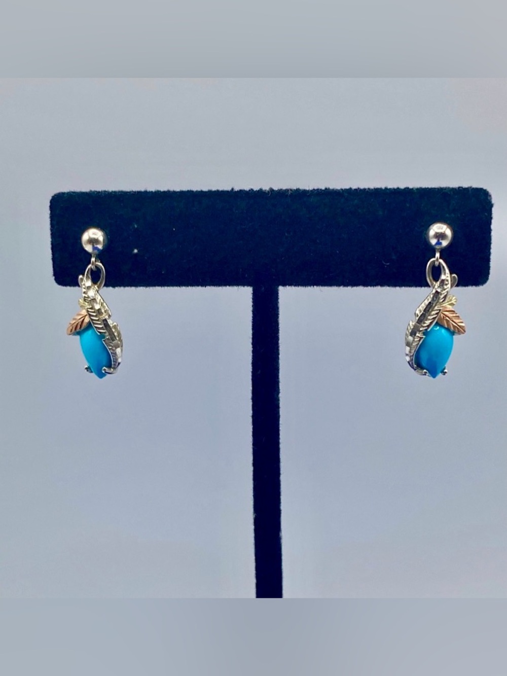 Black Hills Gold Sterling Silver & 12K Turquoise Leaf Dangle Earrings